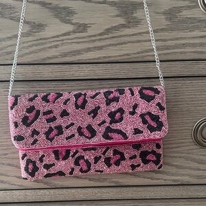 Pink Leopard Beaded Crossbody Clutch